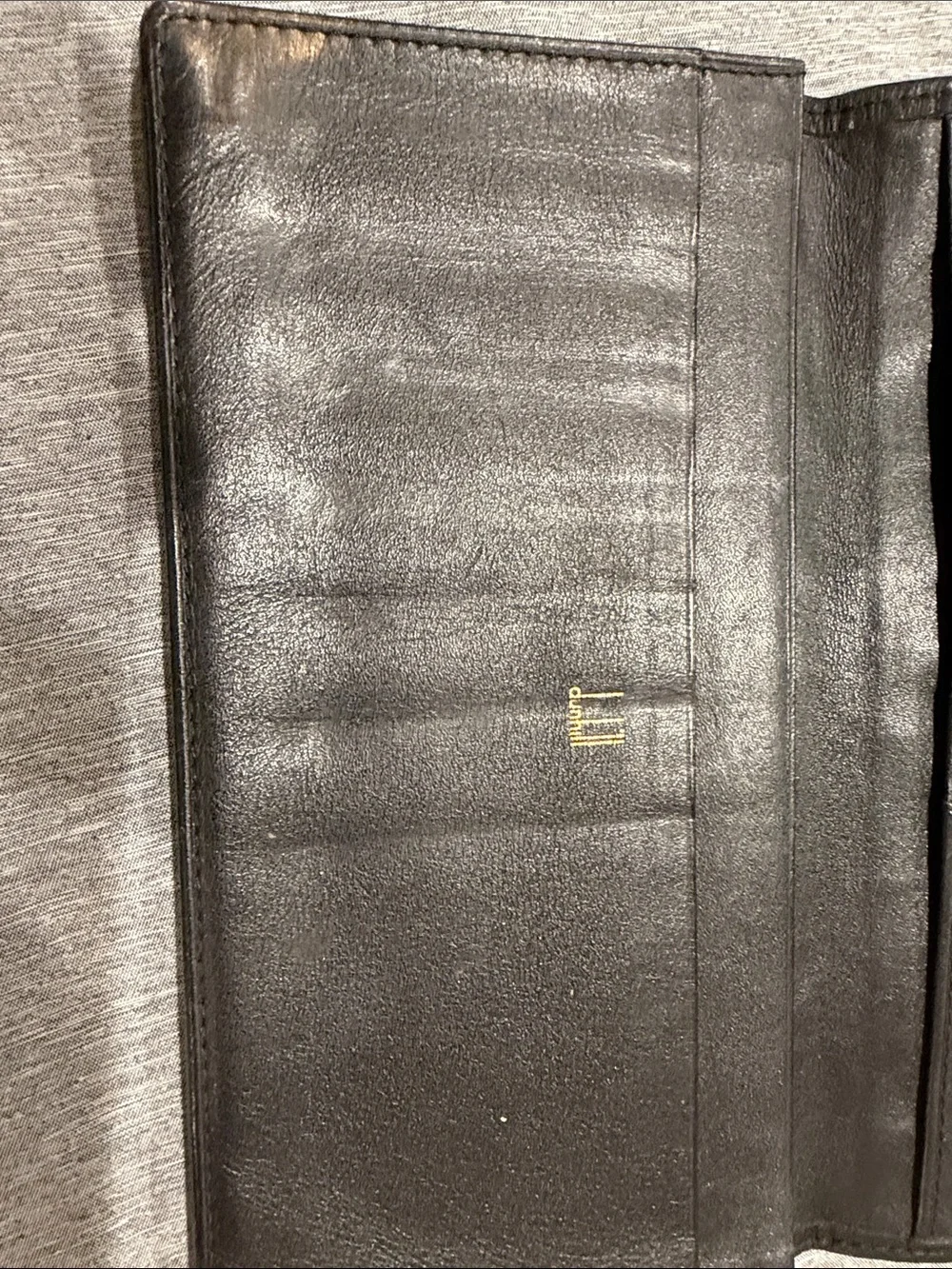 Dunhill Black Leather Wallet with Gold Logo and Corner Trim